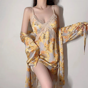 Printed Lace Back Cross Sexy Nightgown Set