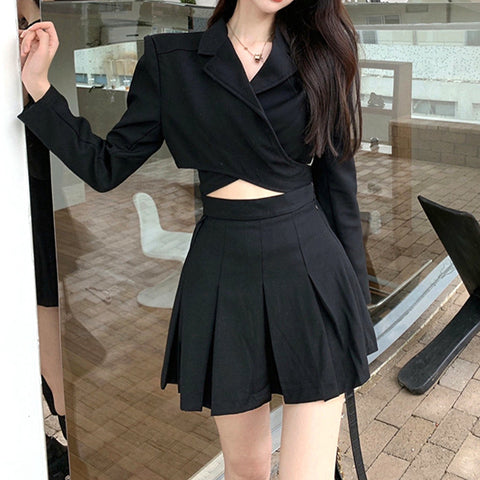 Short Long Sleeve Blazer Top Pleated Skirt Black Set