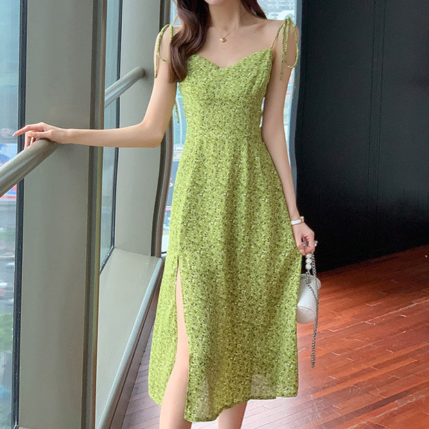 Slit v-neck chiffon floral sling dress