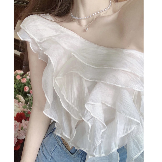 One-shoulder ruffled pearl chiffon shirt top