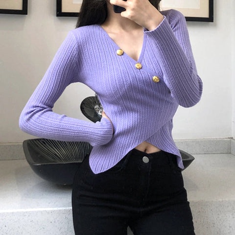 70% Diagonal Button V-Neck Long-Sleeved Knitted Top