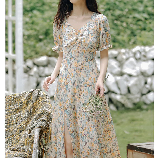 V-neck twisted puff sleeve slit waist floral dress