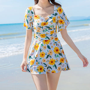Short Sleeve Floral Beach One-Piece Swimsuit
