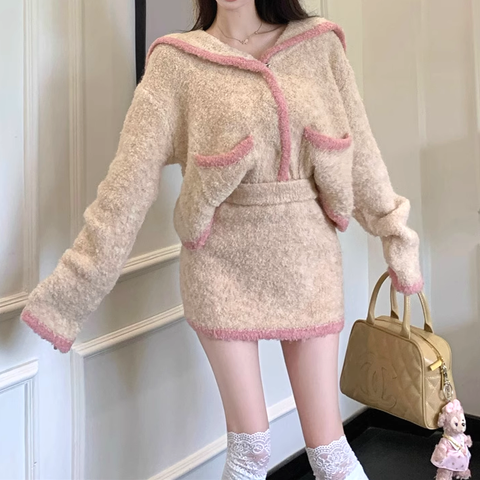 Pocket Lapel Jacket Knitted Woolen Skirt Set
