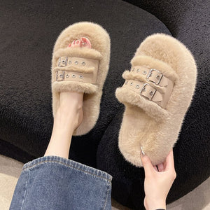 Plush Buckle Thick Soled Casual Slippers