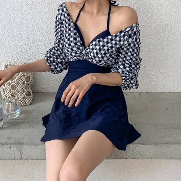 V-neck twist long-sleeve one-piece swimsuit