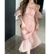 Irregular puff sleeve polka dot slim long dress