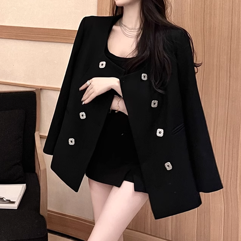 70% Black Double Breasted Casual Blazer Top
