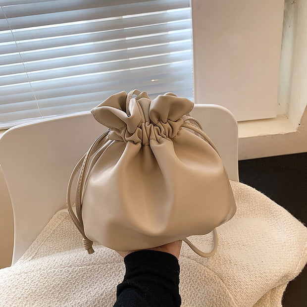 Drawstring casual mini soft leather shoulder bag