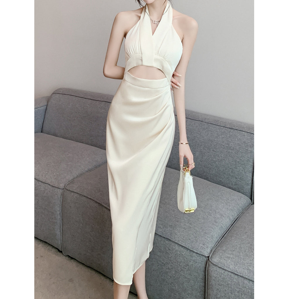 Design feeling folding satin waist dress slim high waist hip long sleeve blouse woman