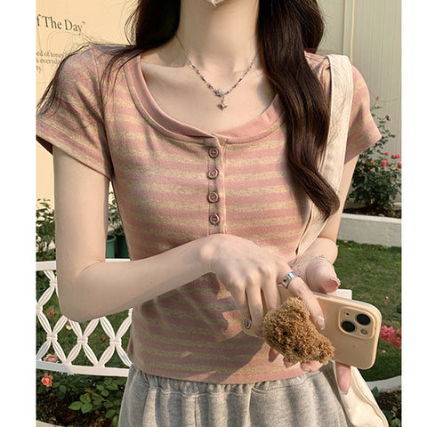 Striped Crew Neck Buttoned Slim Fit T-Shirt Top