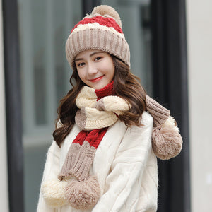 Color Block Knitted Warm Fur Ball Hat Scarf Set