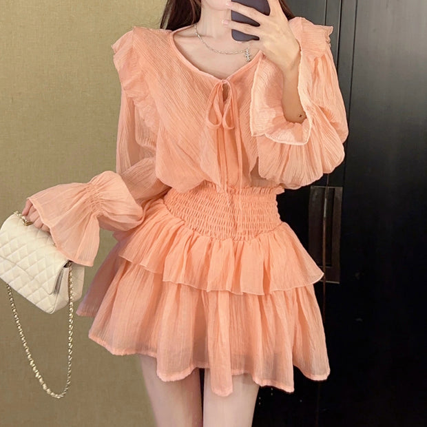 Trumpet sleeve tie shirt high waist cake skirt set