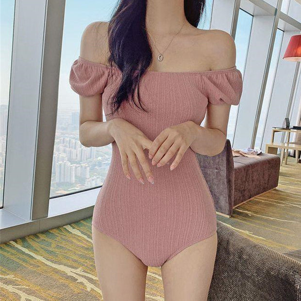 Off-shoulder puff sleeve one-piece swimsuit