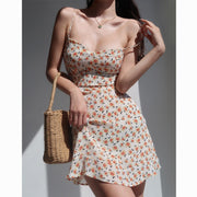 V-neck high waist slim waist floral strap dress