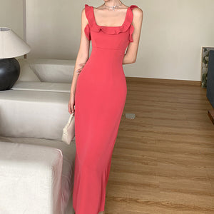 Ruffled Backless Strappy Solid Color Long Dress