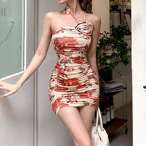 Floral Pleated Shoulder Strap Bodycon Dress