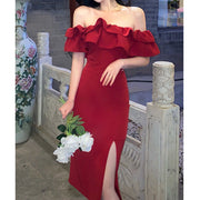Nipped-waist ruffle off-the-shoulder slit prom dress