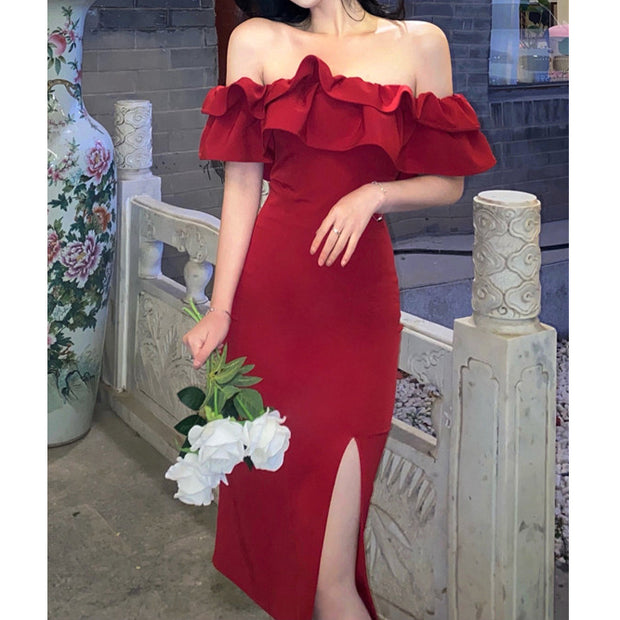 Nipped-waist ruffle off-the-shoulder slit prom dress