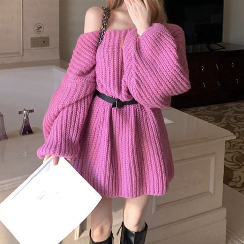 Loose Long Sleeve Belted Pink Knit Dress