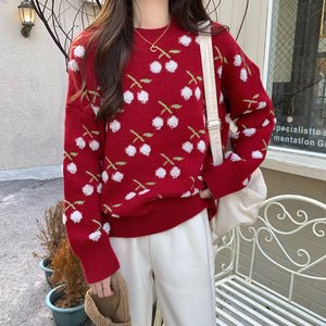 Cherry Loose Crew Neck Christmas Knitted Sweater
