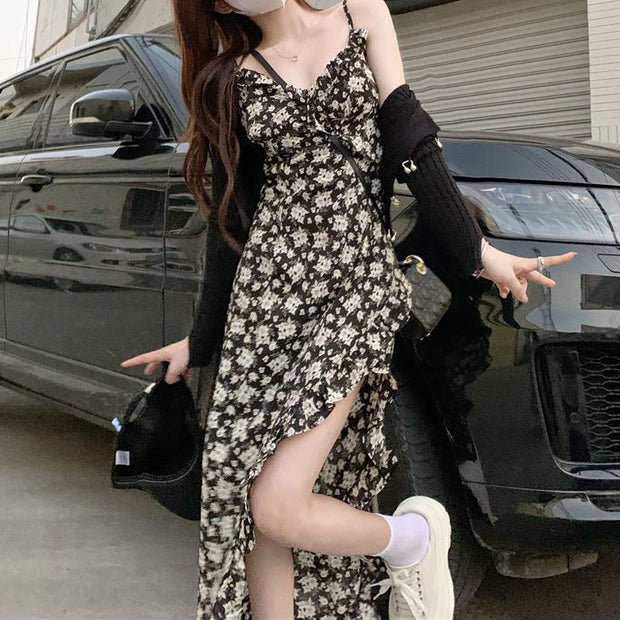 Irregular slit black slim floral sling dress