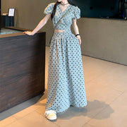 Polka dot puff sleeve v-neck top lace-up skirt set
