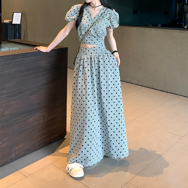 Polka dot puff sleeve v-neck top lace-up skirt set