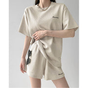 Loose waffle t-shirt elastic wide leg shorts set