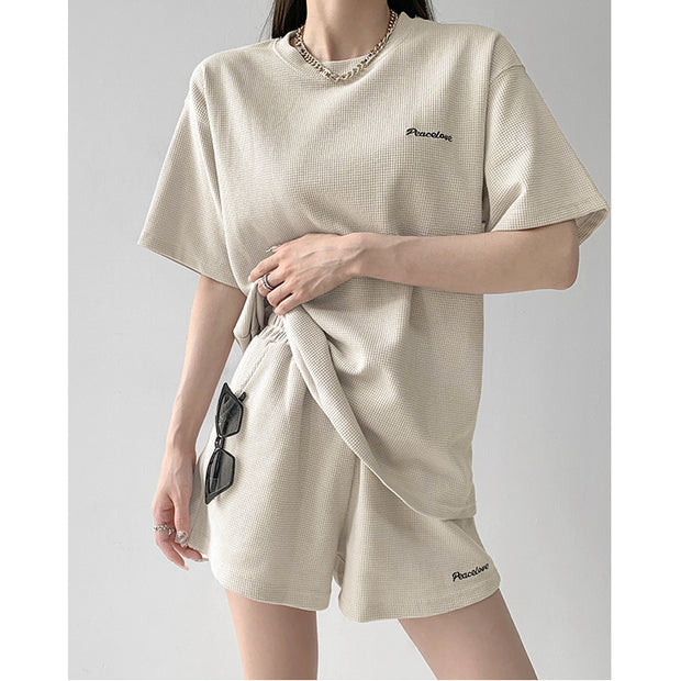 Loose waffle t-shirt elastic wide leg shorts set