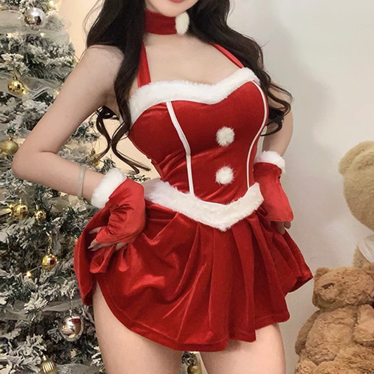 Velvet Halter Gloves Slim Christmas Dress
