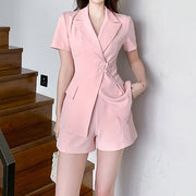 Buckle short sleeve blazer top high waist shorts set