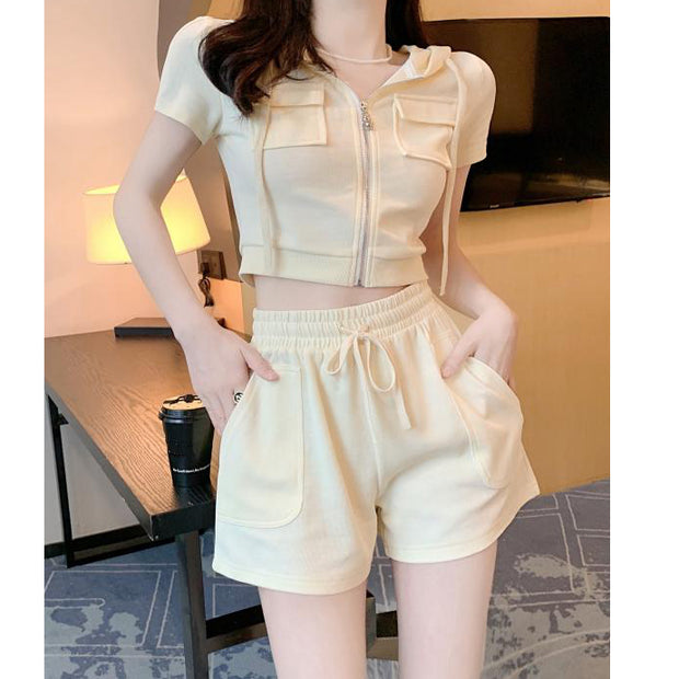 Zipper hooded slim top elasticated waist shorts set