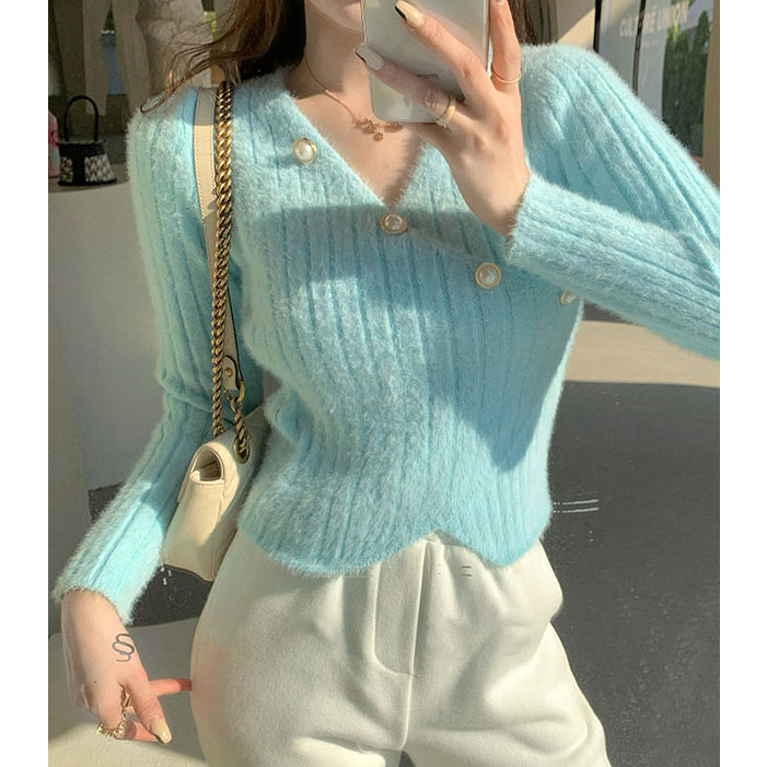 V-Neck Slit Irregular Knitted Sweater Top