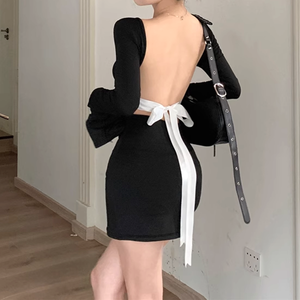 Backless Lace-Up Long-Sleeve Slim Fit Black Dress