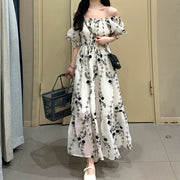 High waist bubble short sleeve long floral dress