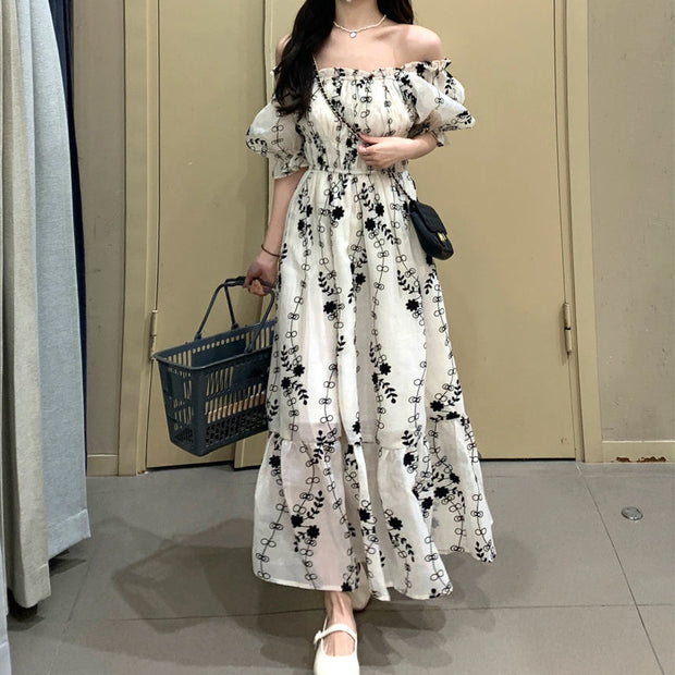 High waist bubble short sleeve long floral dress