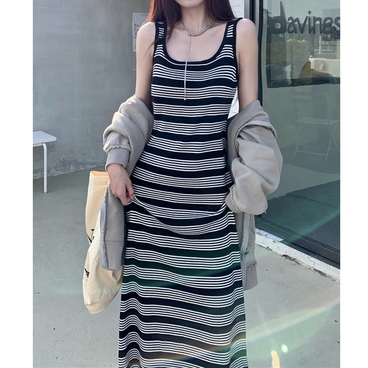 Striped Sleeveless A-Line Knit Dress