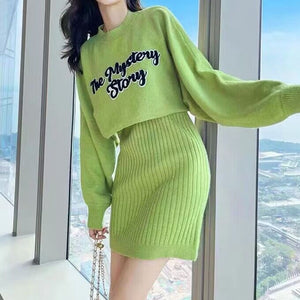 Loose Lettered Sweater Knitted Dress Set