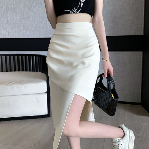 Slit Irregular High Waist Pleated Medium Skirt