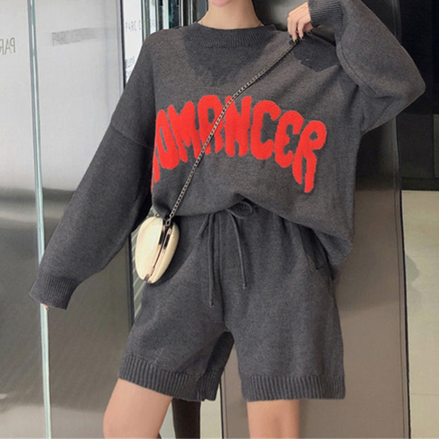 Letter loose sweater elastic waist shorts set