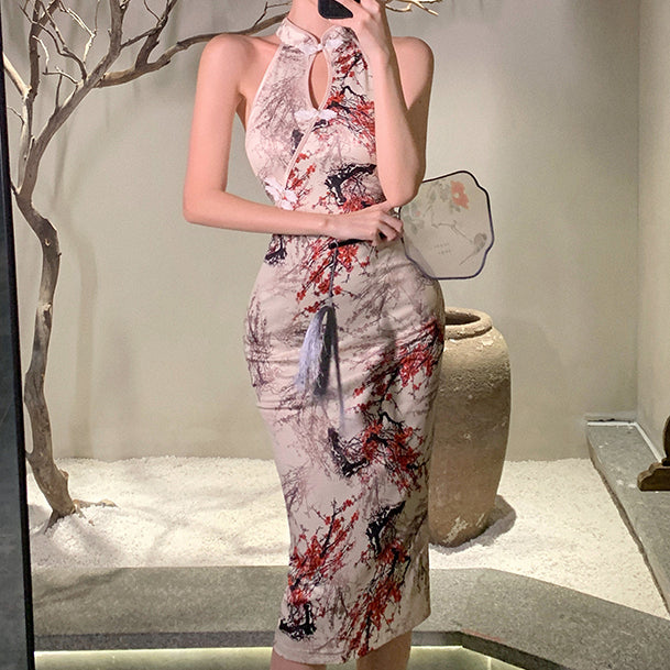 Hollow sleeveless slit national style qipao dress