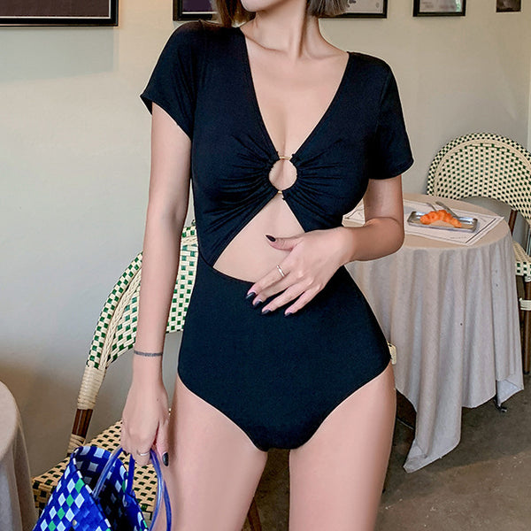 Short Sleeve Solid Color High Waist One Piece Swimsuit