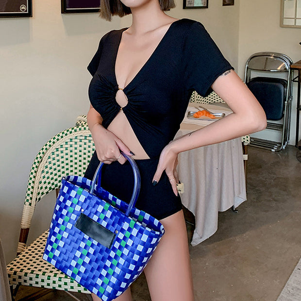 Short Sleeve Solid Color High Waist One Piece Swimsuit