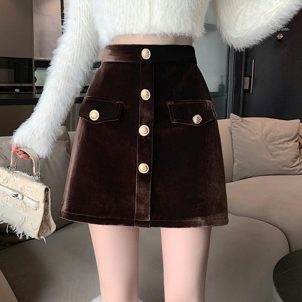 Retro Woolen A-Line High-Waisted Crotch-Covering Skirt