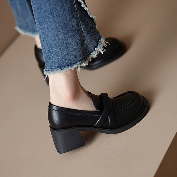 Small leather black retro thick-soled high-heeled shoes