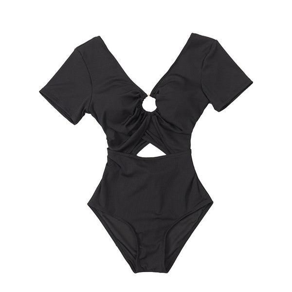 Short Sleeve Solid Color High Waist One Piece Swimsuit