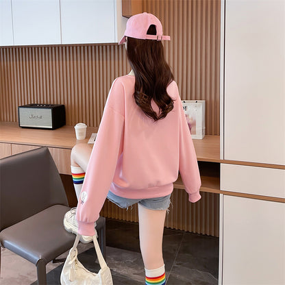 Loose-Fitting Op Collar Patchwork Plus Size Long-Sleeved Sweatshirt