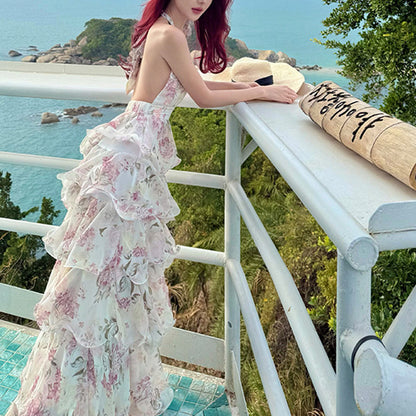 Chiffon Floral Halter Neck Vacation Dress