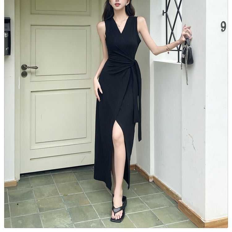 Fashionable Waist-Hugging French Striped Tie-Strap Slit Dress